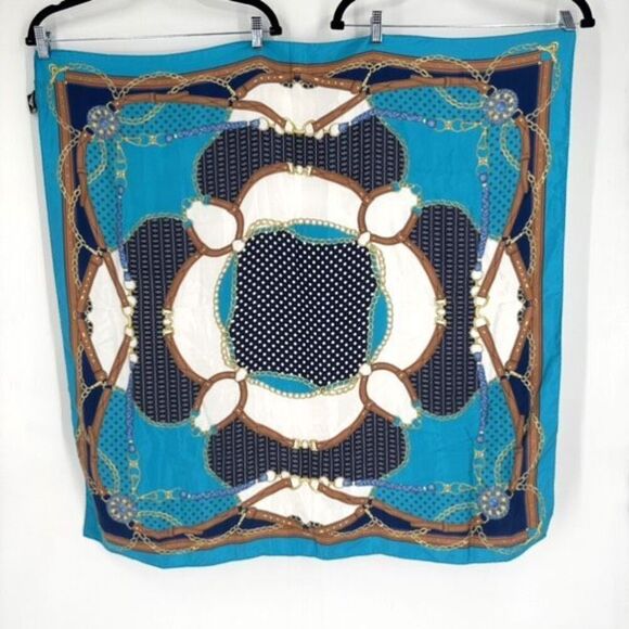 Vintage Ninto 100% Silk Square Hand Rolled Scarf Equestrian Blue Turquoise - Picture 1 of 12
